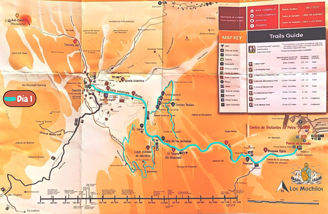 Mapa de Petra con nuestra ruta del primer día señalizada.
