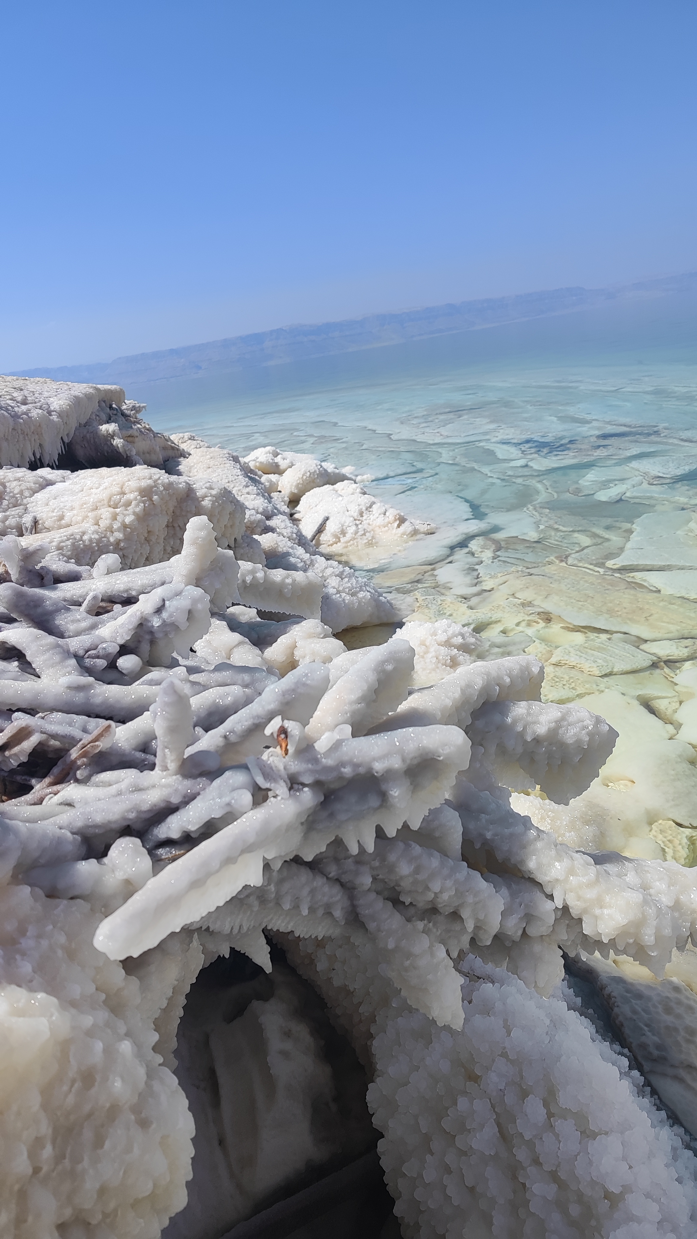 Formaciones evaporíticas o costras salinas en las orillas del Mar Muerto, Jordania.