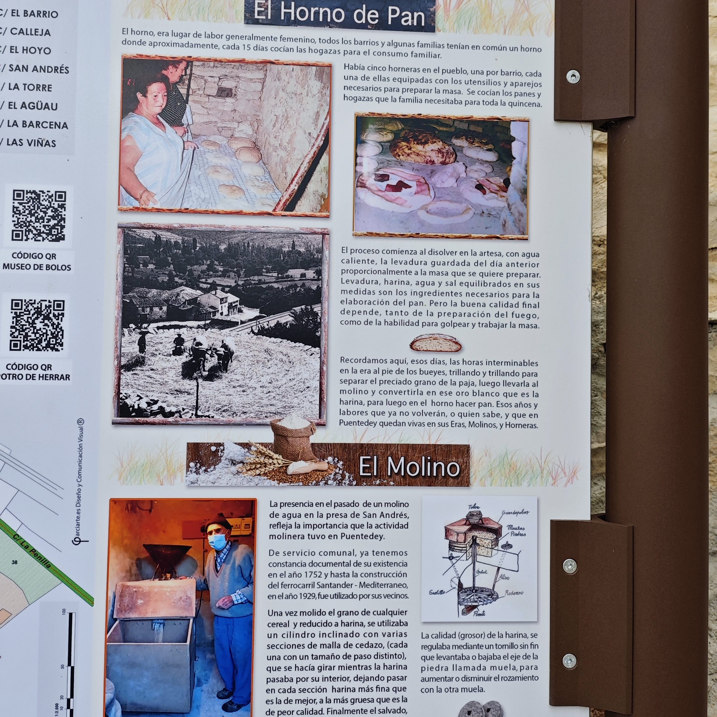 Cartel informativo sobre el horno de pan y el molino, en Puentedey, Burgos.